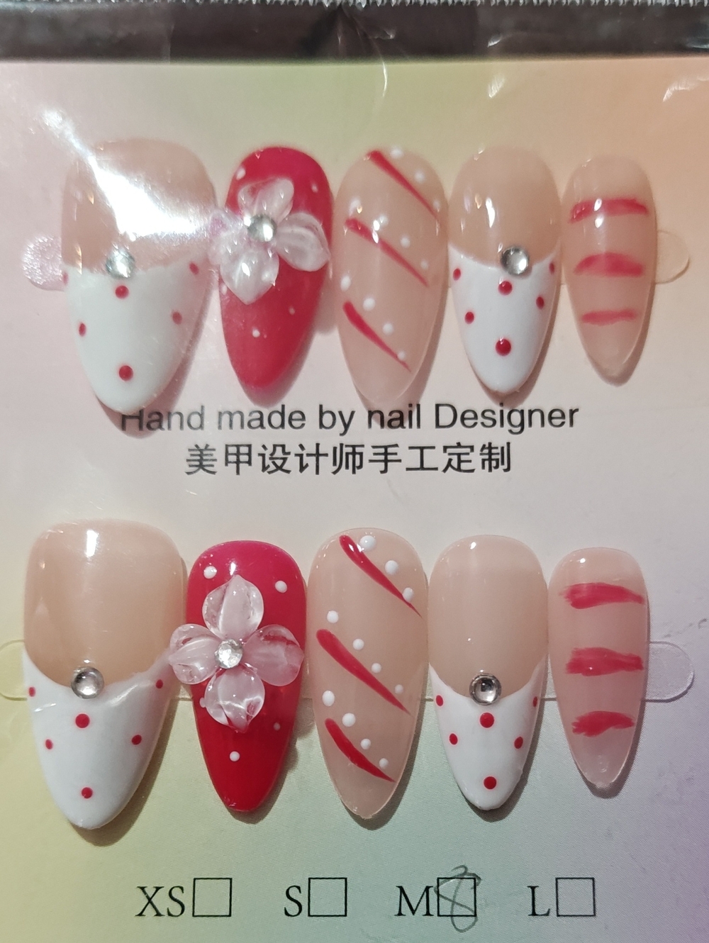 Handmade Nude & Red Floral Accent Press-On Nails